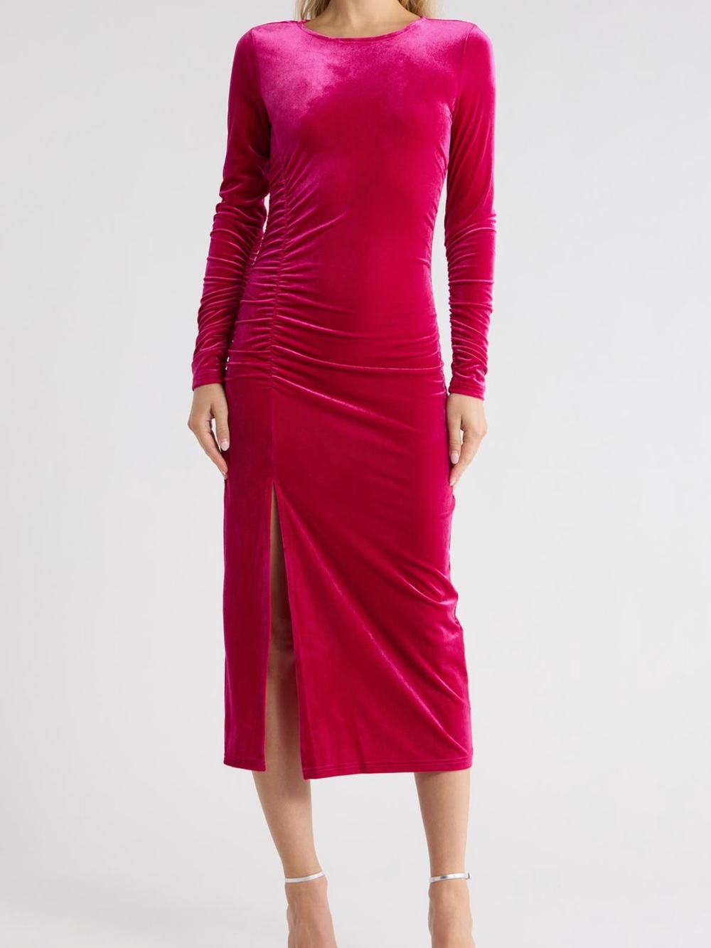 Velvet long sleeve bodycon midi dress pink velvet NWT